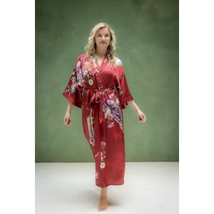 Luxe Kimono satijn - Premium collectie - Prachtig pauw en bloemendesign - rood - one size - lang model - uniek cadeau vrouw
