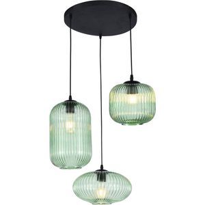 Olucia Charlois - Retro Hanglamp - 3L - Glas/Metaal - Groen;Zwart - Rond