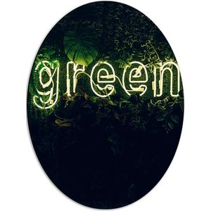 Dibond Ovaal - ''GREEN'' Neon Letters tussen Struiken - 42x56 cm Foto op Ovaal (Met Ophangsysteem)