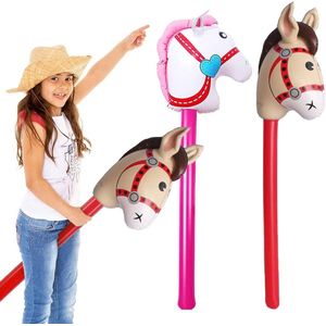 Set of 2 Inflatable Pony Sticks for Kids 37 Inches for Christmas Horse Theme Birthday Party Decoration Accessories (Red Pink)