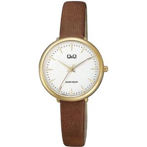 mooi stijlvol goudkleurig Q&Q dames horloge met bruin lederen band QC35J111Y