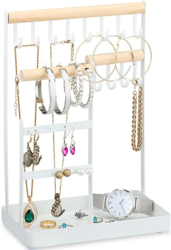 Sieradenrekje - Wit - Beukenhout en Metaal - 18 Oorbellen en 12 Haken