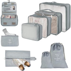 Reiskoffer-organizerset, 9-delige set kubussen, multifunctionele waterdichte pakkubussen, compressie, kofferorganizer, kledingtassen, schoenenzak, make-uptas voor reizen, Grijs