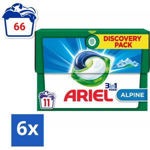 Ariel Alpine - Wasmiddelcapsules - 3in1 Pods - Witte en Gekleurde Was - 11 Wasbeurten - Voordeelverpakking - 6 stuks