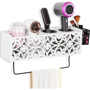 Föhnhouder Muur - Vintage Föhnhouder - Wit - Houten Föhnhouder met 2 Stalen Bekers Badkamerorganisator voor Krultangen, Stijltangen, Haardrogers, Cosmetica