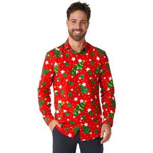 Suitmeister Christmas Trees Stars Red Shirt - Heren Overhemd - Kerstshirt - Rood - Maat XL