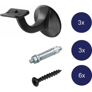 Trapleuning Houder Zwart - Keilbout Bevestiging - Hol Zadel - 3 stuks - 3501-70 - Inclusief Bevestigingsmateriaal