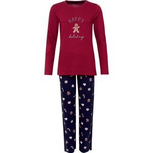 Happy Shorts Dames Kerst Pyjama Set Shirt Bordeaux Rood + Donkerblauwe Broek Met Print - Maat L