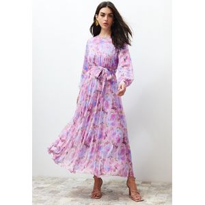 Trendyol Bruine Luipaardpatroon Riem Gedetailleerde Gevoerde Geplooide Chiffon Geweven Jurk Tctss24Eb00151