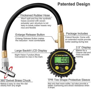 Digitale bandenspanningsmeter 200 PSI, ATsafepro auto bandenspanningsmeter, digitale manometer gecertificeerd ANSI B40.1 nauwkeurig voor auto, vrachtwagen, SUV, motorfiets