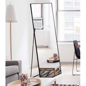 Staande spiegel met zwart metalen frame 140 x 40 cm HD grote full-body spiegel met haak voor woonkamer of kleedkamer (zwart)