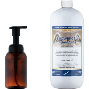 Zeepdispenser 300 ml amber bruin hervulbaar + 1 liter Showergel Hamam navulling