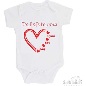 100% katoenen Romper "De liefste oma met de namen van 3 kleinkinderen" Unisex Katoen Wit/rood Maat 56/62