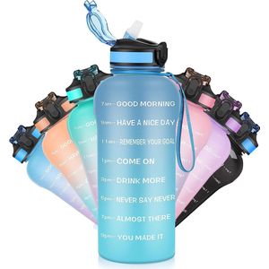 Drinkfles, 2 liter, BPA-vrij, met rietje en tijdmarkeringen, 1-klik-sluiting, lekvrije waterfles voor weight dungeons en algemene gezondheid