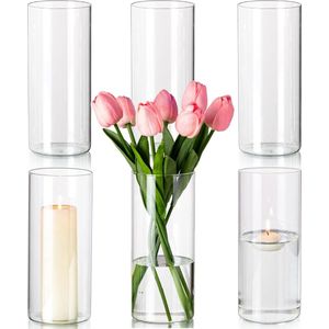 Cilindervaas glazen set van 6 bloemenvazen, 20 cm moderne vazenset, glazen vaas, decoratieve vazen, kaarsenhouder, theelichthouder, glas voor stompkaarsen, theelichtjes, drijvende kaarsen voor