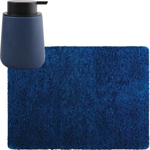 MSV badkamer droogloop tapijt/matje - Langharig - 50 x 70 cm - inclusief zeeppompje in dezelfde kleur - donkerblauw
