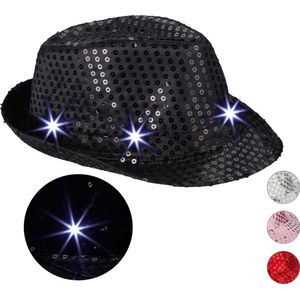 Relaxdays pailletten hoed - feesthoed glitter - partyhoed LED - fedora hoed - glitters - zwart