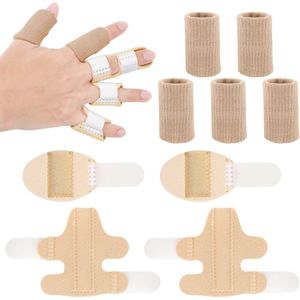 2 Pieces Short Finger Straighteners and 5 Pieces Finger Sleeves - Adjustable Stabilization Brace for Sprained Puffy Tense Fingers (Nude Color)