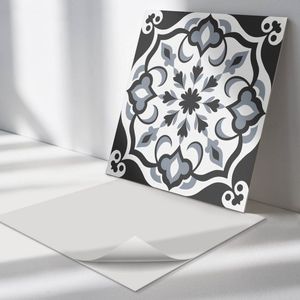 Wallfluent Vinyl Wandpaneel - Bloemenpatroon met ornamenten Wandpaneel PVC - 50 cm x 50 cm - Zwart Vinyl Wandpaneel - Set van 4 - Vierkant Wandbekleding Vinyl - Texturen Wandpaneel - Zelfklevend Wandpaneel - Wandpaneel Keuken en Badkamer