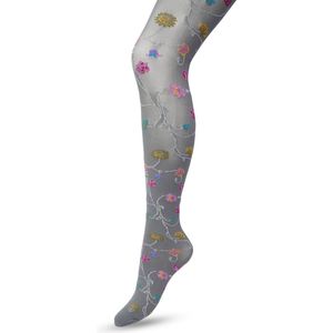 Bonnie Doon Bloemen Panty 80 Denier Grijs Dames maat L/XL - Bloemen Print - Gladde Naden - Maximaal Draagcomfort - Floral Tights - Chique Panty - Feestelijk - Gebloemd - Kleurrijk - Bloemenprint - Castlerock - BP221906.169