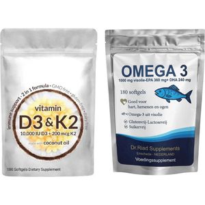 Vitamine D3 10.000 IU + K2 200 mcg (180 Capsules) & Omega 3 1000 mg (180 Softgels) – Complete Combinatie voor Immuunsysteem, Botten & Hartgezondheid