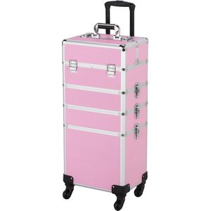 Kapperskoffer, trolley, aluminium cosmeticakoffer, 4-in-1, make-upkoffer met 4 wielen, roze make-up kapperskoffer HMTM-BC-30024