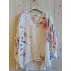 100% Linnen top blouse met prachtige bloemen - oversized - past tot maat 42-48