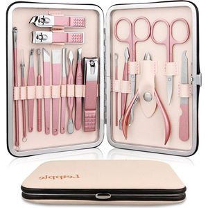 Professionele nagelknipper voor pedicure - 18 stuks nagelverzorgingshulpmiddelen - Verzorgingsset met luxe verbeterde reistas - beige - roze