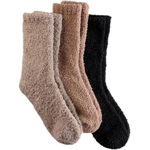 Inovra Plus - Pluizige koraalfleece sokken 3 paar - Warme huissokken met dikke stoppers - Kerstcadeaus voor vrouwen - Donker Large - Comfortabele winter sokken