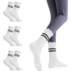 Yogasokken met antislip en ruches design - Set van 6 paar zwart en wit - ademend en comfortabel voor dames en heren.