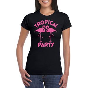 Bellatio Decorations Tropical party T-shirt dames - met glitters - zwart/roze -carnaval/themafeest M