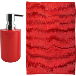 MSV badkamer droogloop mat - Genua - 50 x 80 cm - met bijpassende kleur zeeppompje - rood