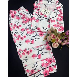 Dames 2- Delige -Pyjama- Luxe Pyjamaset- Nachtkleding- Homewear -Katoen- Cadeauset voor Vrouwen- Zomer- Bloemen Print Maat XXL