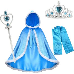 Prinsessenjurk meisje Mantel - Prinses - Frozen - Kroon - Toverstaf - Carnavalskleding kinderen - Blauw