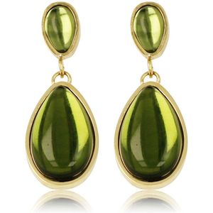 My Bendel Stijlvolle goudkleurige oorring met groene glassteen 30 mm - Goudkleurige oorbellen met een druppelvormige groene steen - Met luxe cadeauverpakking