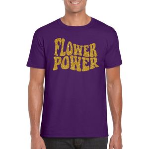 Paars Flower Power t-shirt met gouden letters heren - Sixties/jaren 60 kleding S
