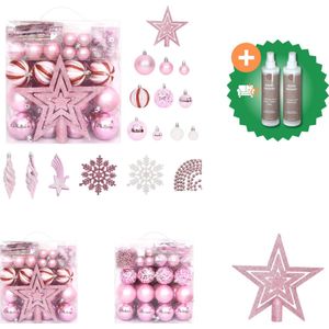 vidaXL 65 delige Kerstballenset roze/rood/wit Kerstbalhaakjes Inclusief Onderhoudsset
