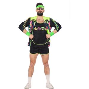 Wilbers & Wilbers - Jaren 80 & 90 Kostuum - Spetterend Aerobic Neon 80s Kostuum Man - Groen, Zwart - Small - Carnavalskleding - Verkleedkleding