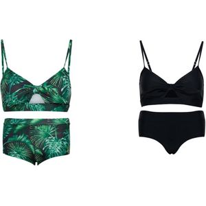 Set van 2 bikini hipster broekje en top - Groen bladeren/ Zwart 140-146