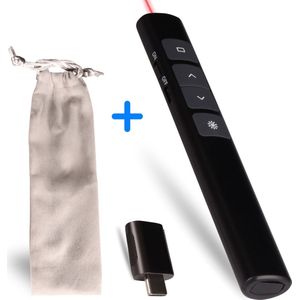 Draadloze Presentatie Klikker - Wireless Presenter - Powerpoint afstandsbediening met laserfunctie Inclusief USB-C adapter & Opberg hoesje - tot 100 m bereik - Oplaadbaar - zwart - Perfect voor Mac en PC