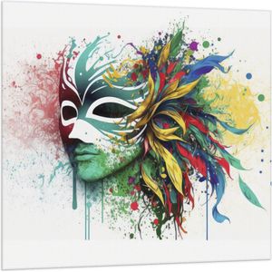 Vlag - Waterverf Tekening van Kleurrijke Carnavals Masker tegen Witte Achtergrond - 100x100 cm Foto op Polyester Vlag