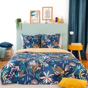 Beddengoedset voor tweepersoonsbed, dekbedovertrek 220 x 240 cm, 2 kussenslopen 63 x 63 cm, motief tropische bladeren van polykatoen, blauw (240 x 220 cm)