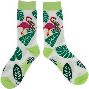 Tutti Footi - Sokken met Flamingo's en Bladeren - Maat 37-41 - Grappige Tropische Sokken Dames - Groen/Roze Vogel/Dieren