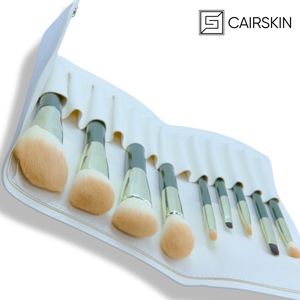 CAIRSKIN Ocean Green Golden Brush Set 11 Professional Makeup Brushes + White Roll Organizer - Visagiekwasten Set Professioneel Synthetische Penselen - Lipliner - Wenkbrauwen - Smokey & Soft Eye Looks - Powder Brushes for Blush & Face Setting Powders
