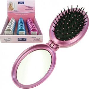 Set van 3 inklapbare haarborstels met spiegel blauw,zilver en roze ideaal voor in de handtas