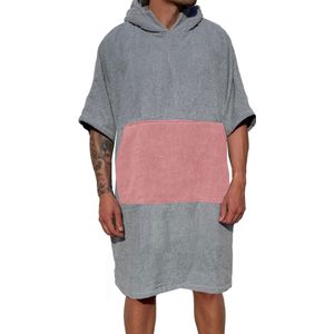 HOMELEVEL badponcho voor dames en heren - Maat S/M strandponcho 100% katoen - Surfponcho volwassenen - Lichtgrijs en oudroze