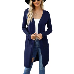 Dames maxi-cardigan, lichtgewicht, lange mouwen, open voorkant, casual vesten, duster met zakken
