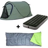 HIXA Pop-Up Tent - Groen - 1 persoons - festival - Met Tentharingen - en Slaapzak - en Luchtbed - 220x120x95cm