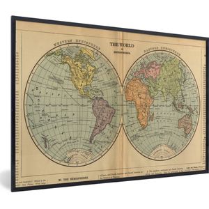 Fotolijst incl. Poster - Antieke wereldkaart westelijk en oostelijk halfrond - 60x40 cm - Posterlijst