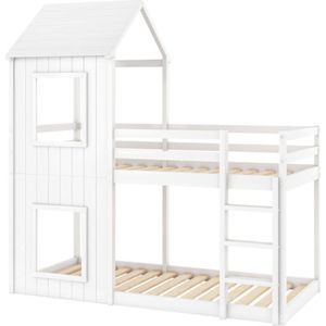 Gotagee Stapelbed 90x200cm, kinderbed, huisbed, met ladder & hemel, van vloer tot plafond, massief hout, wit, Zonder matras